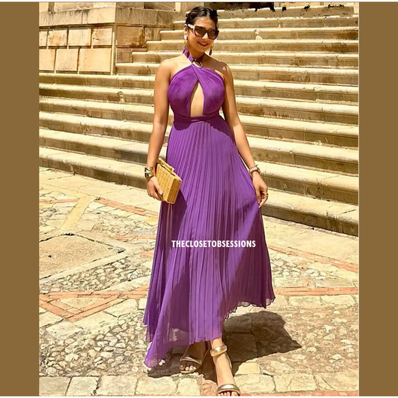 ZARA Purple Halter Pleated Midi Dress NWT Gold Buckle Cutout, Size L, XL - Picture 12 of 16